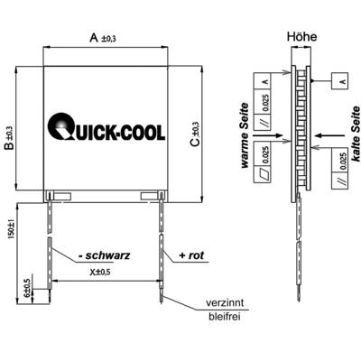 Thermoelectric module with 'Quick-Cool' logo, top view showing dimensions A, B, C, side view with marked warm and cold sides.