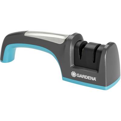 Gardena sharpening device with black and turquoise design, suitable for sharpening garden tools.