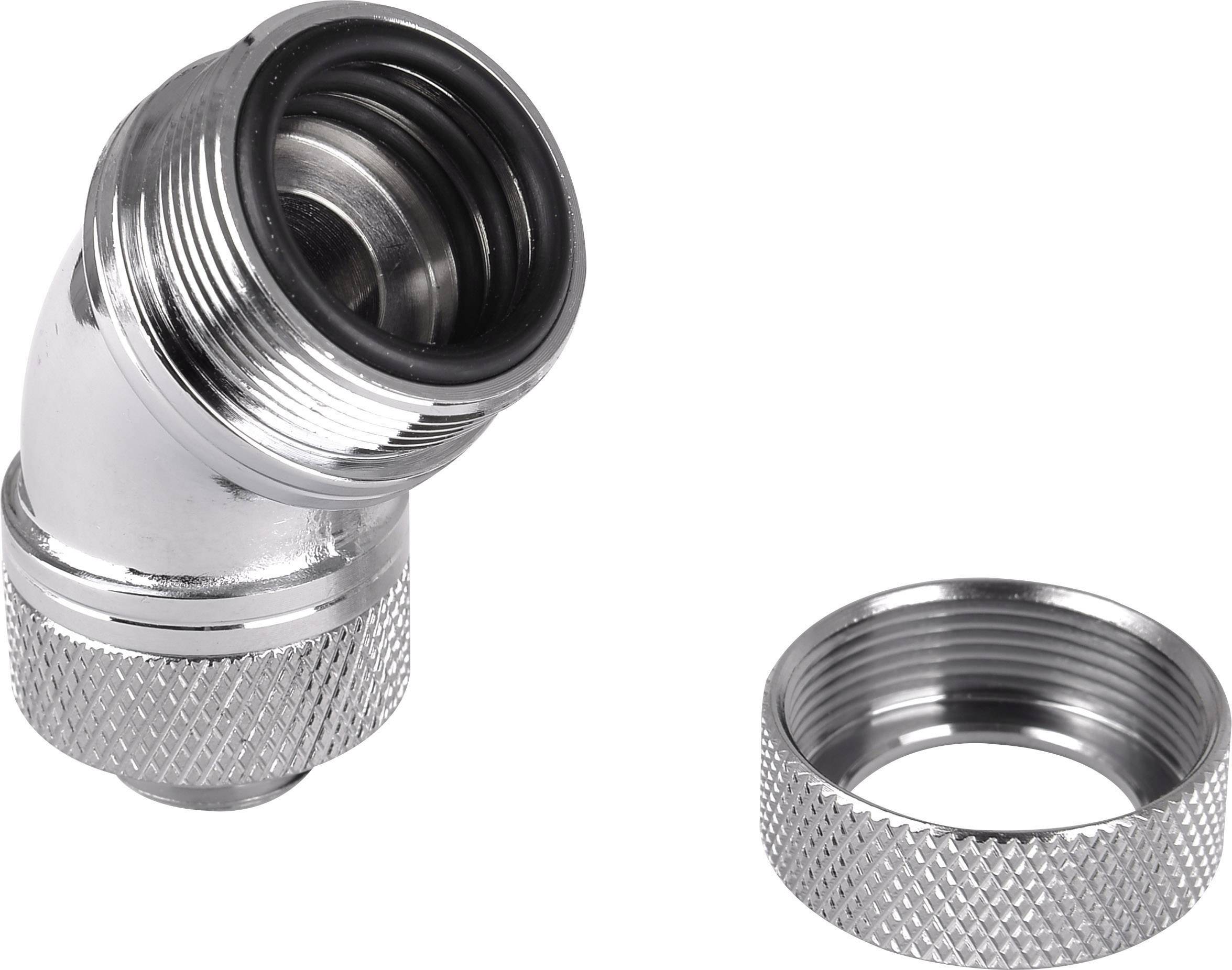 A silver 90-degree metal water tap adapter with a removable screw ring beside it. Used for water connections.