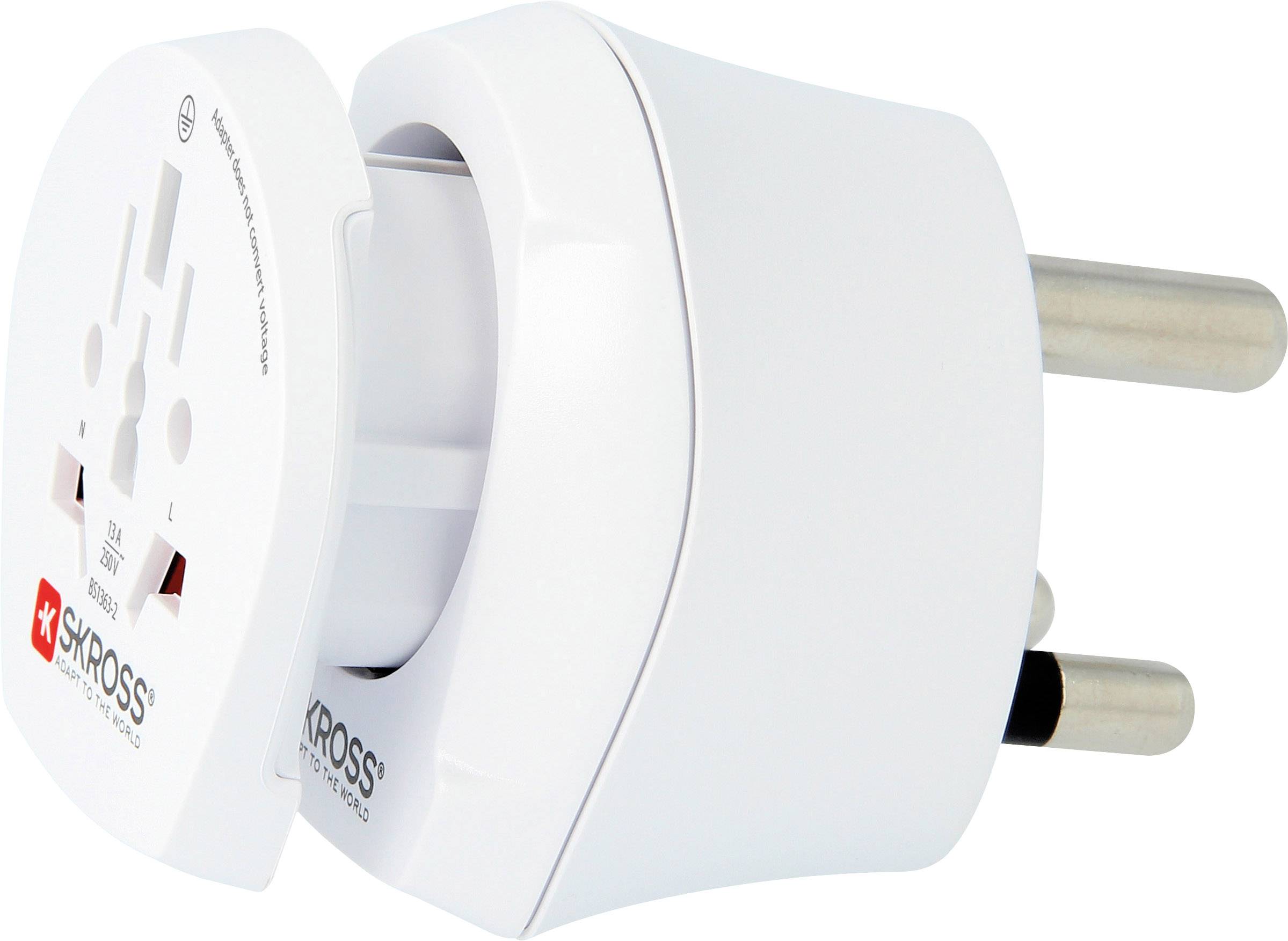 Travel plug adapter with multiple plug types for international use. White design, suitable for various country standards.