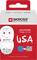 Travel adapter for Europeans travelling to the USA, Skross brand. Contains European and American flags to symbolise the countries.