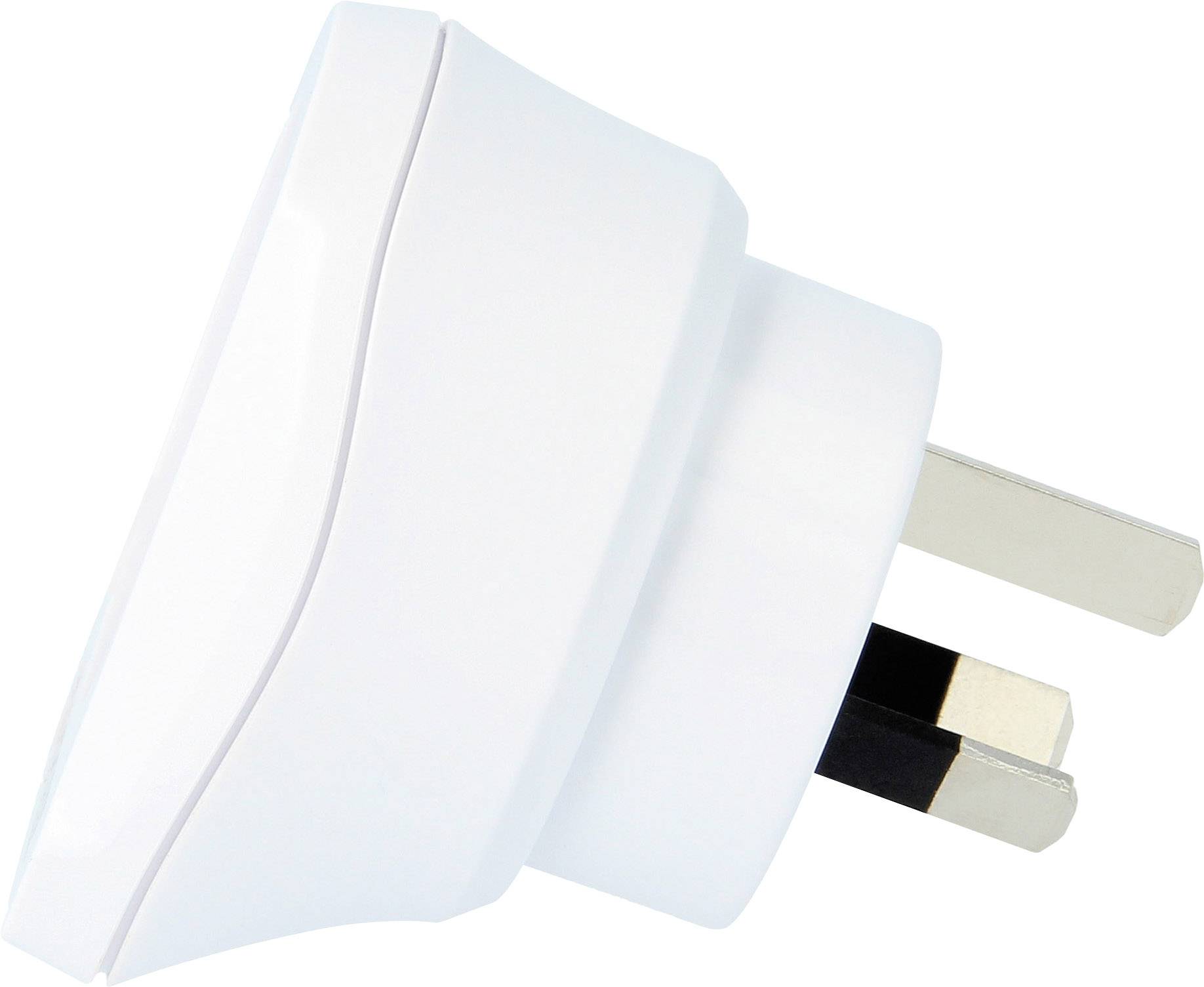 A white adapter plug with three flat pins, side view.