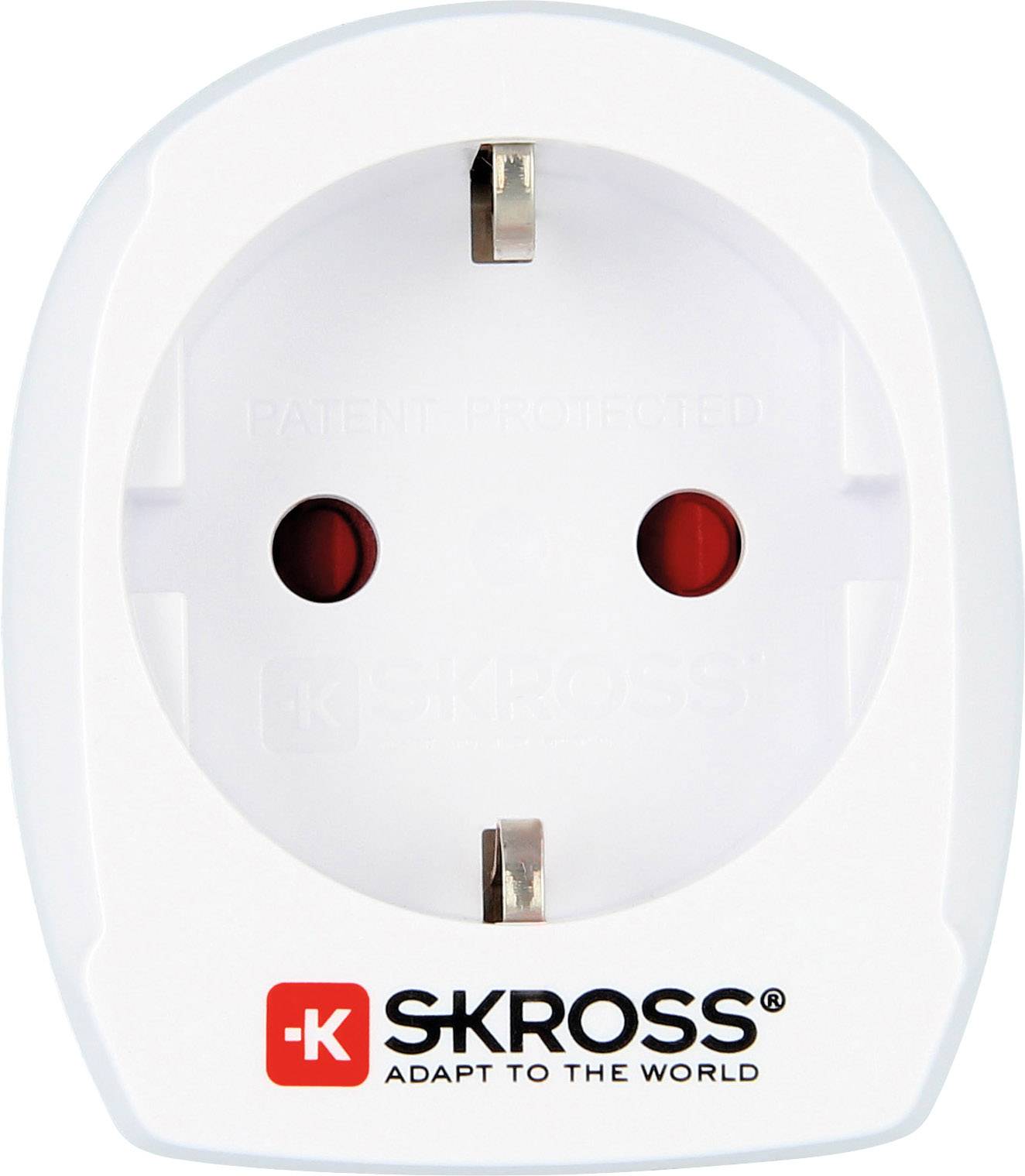 A white plug adapter by SKROSS with two socket slots, suitable for travellers to use different electrical outlets worldwide.