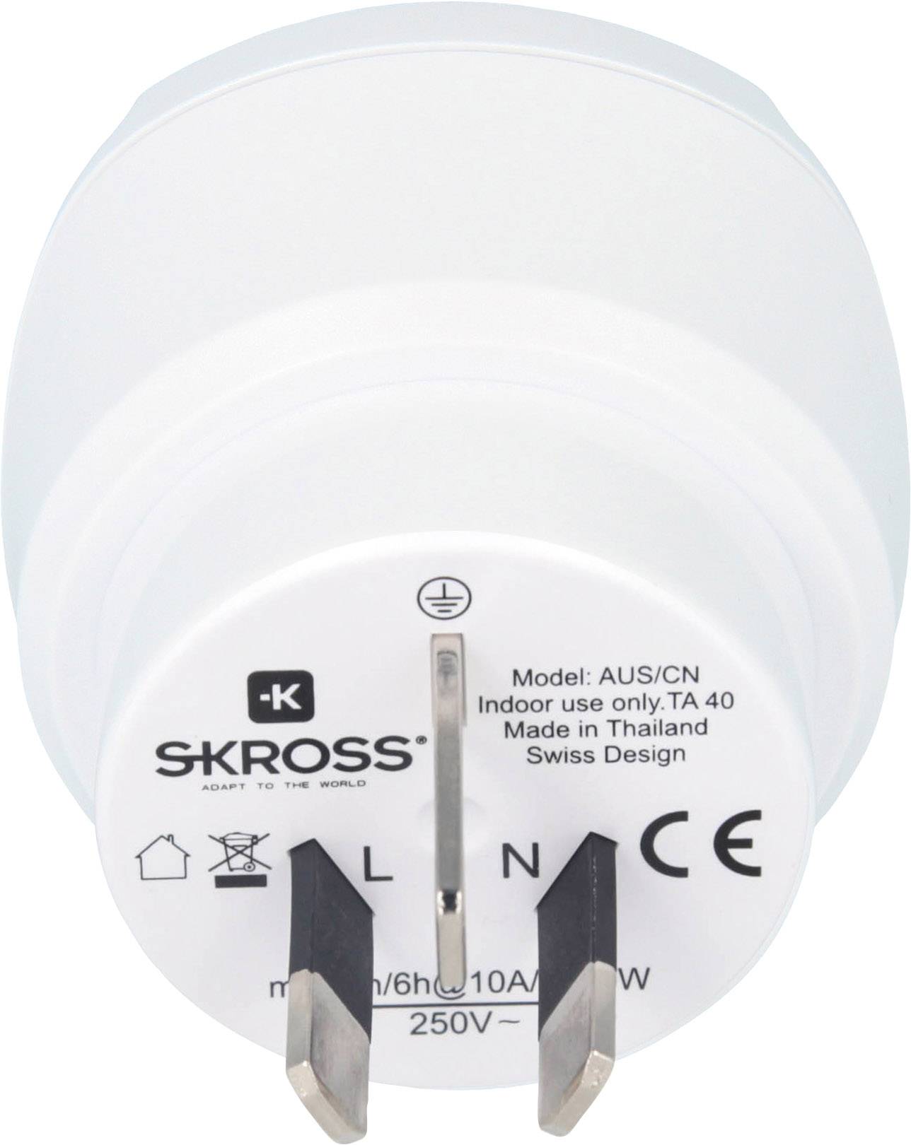 White SKROSS travel adapter with print: 'Model: AUS/CN, Indoor use only, TA 40, Made in Thailand, Swiss Design'. Plug contacts visible.
