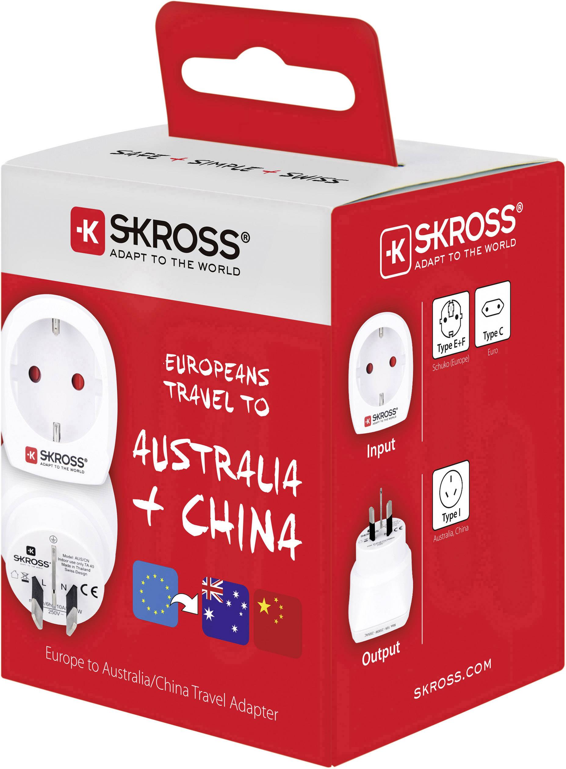 Travel adapter packaging for Australia and China by SKROSS, showing adapter input and output types, suitable for European plugs.