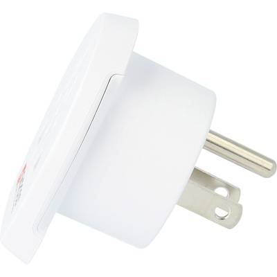 A white, round adapter plug with two metal pins, photographed from the side. Perfect for connections in electrical devices.