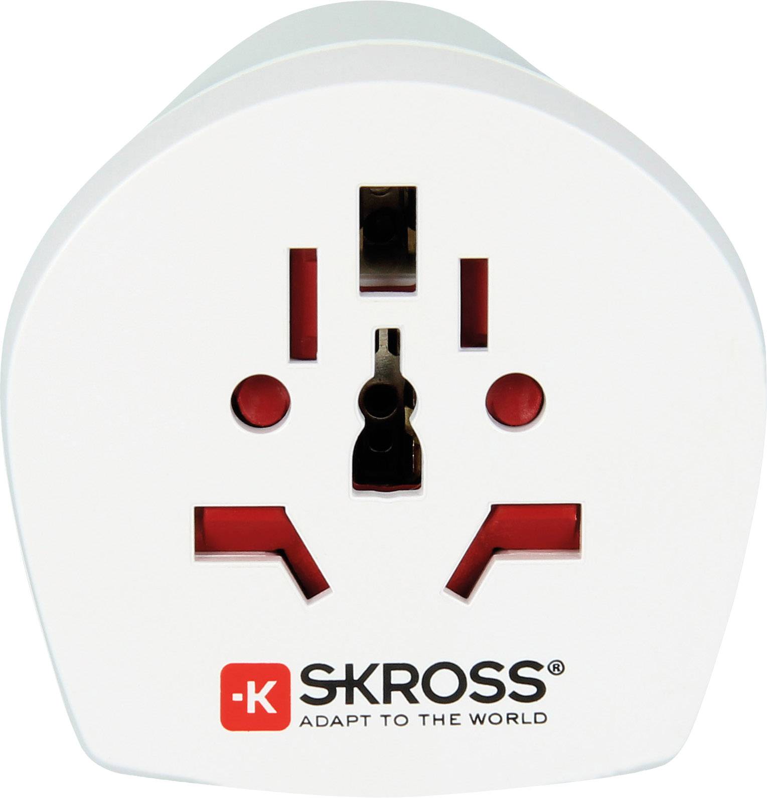 Skross Universal Travel Plug Adapter in white with red details and logo, suitable for various international socket types.