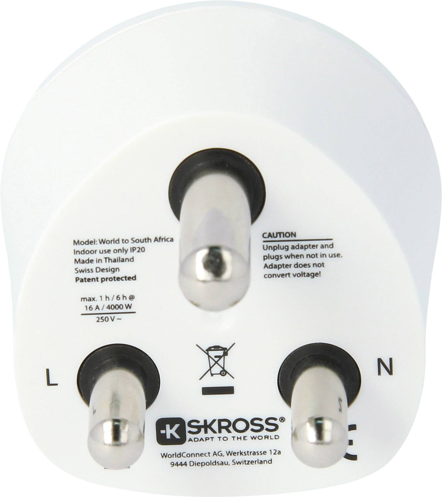 A SKROSS electrical socket adapter with three round metal pins. Printed markings include technical details and manufacturer information.