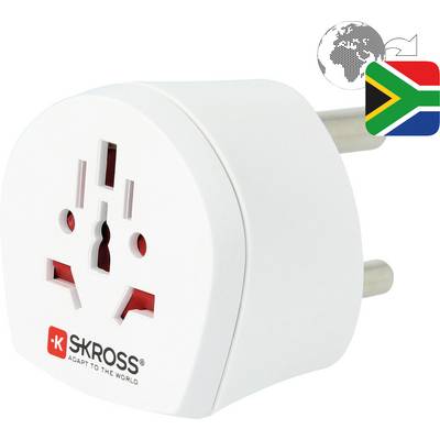 'Adapter SKROSS for South Africa, usable worldwide. White casing with socket slots for various international plug types.'