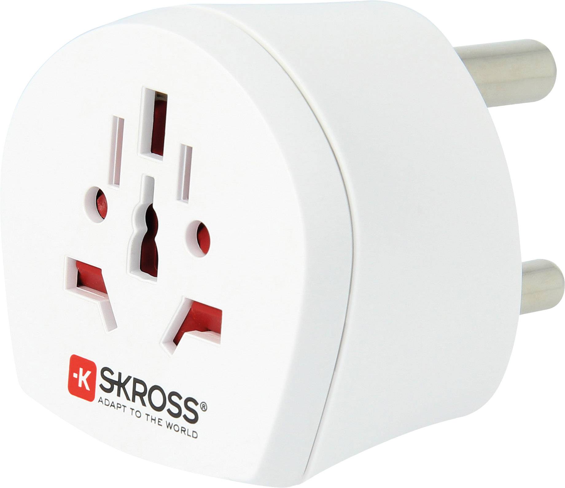 A white travel adapter for international power sockets with multiple plug types. Marked with 'SKROSS'.