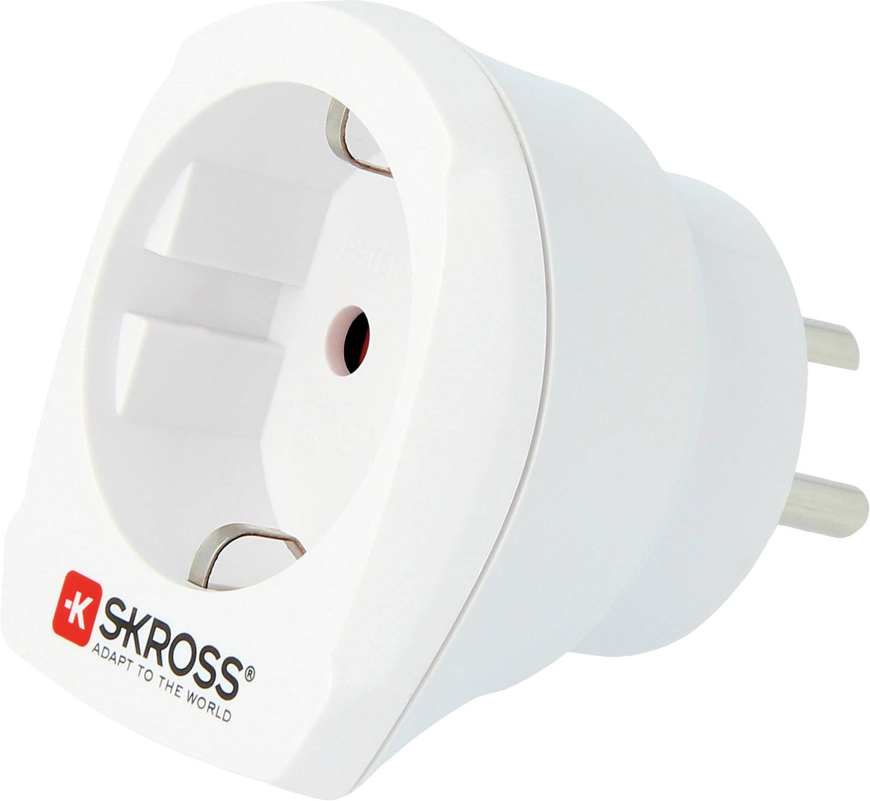 White travel adapter socket with two slots, European plugs, brand logo 'SKROSS' in the bottom left, for international power connections.