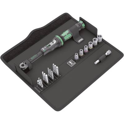 Tool bag with torque wrench, various bits and sockets. Hand tool set for precise assembly or repair.