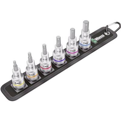 Set of six Wera bit sockets on a holder. Each is colour-coded and numbered from 5 to 10 mm. Keyring at the top.