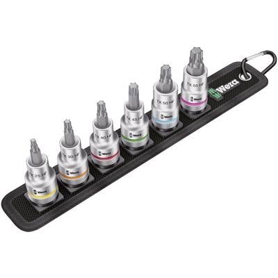 A set of six Wera Torx bits in various sizes, arranged in a black holder with a carabiner for attachment.