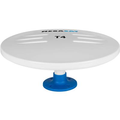 Flat white satellite dish with 'MEGASAT T4' inscription, mounted on a blue base.