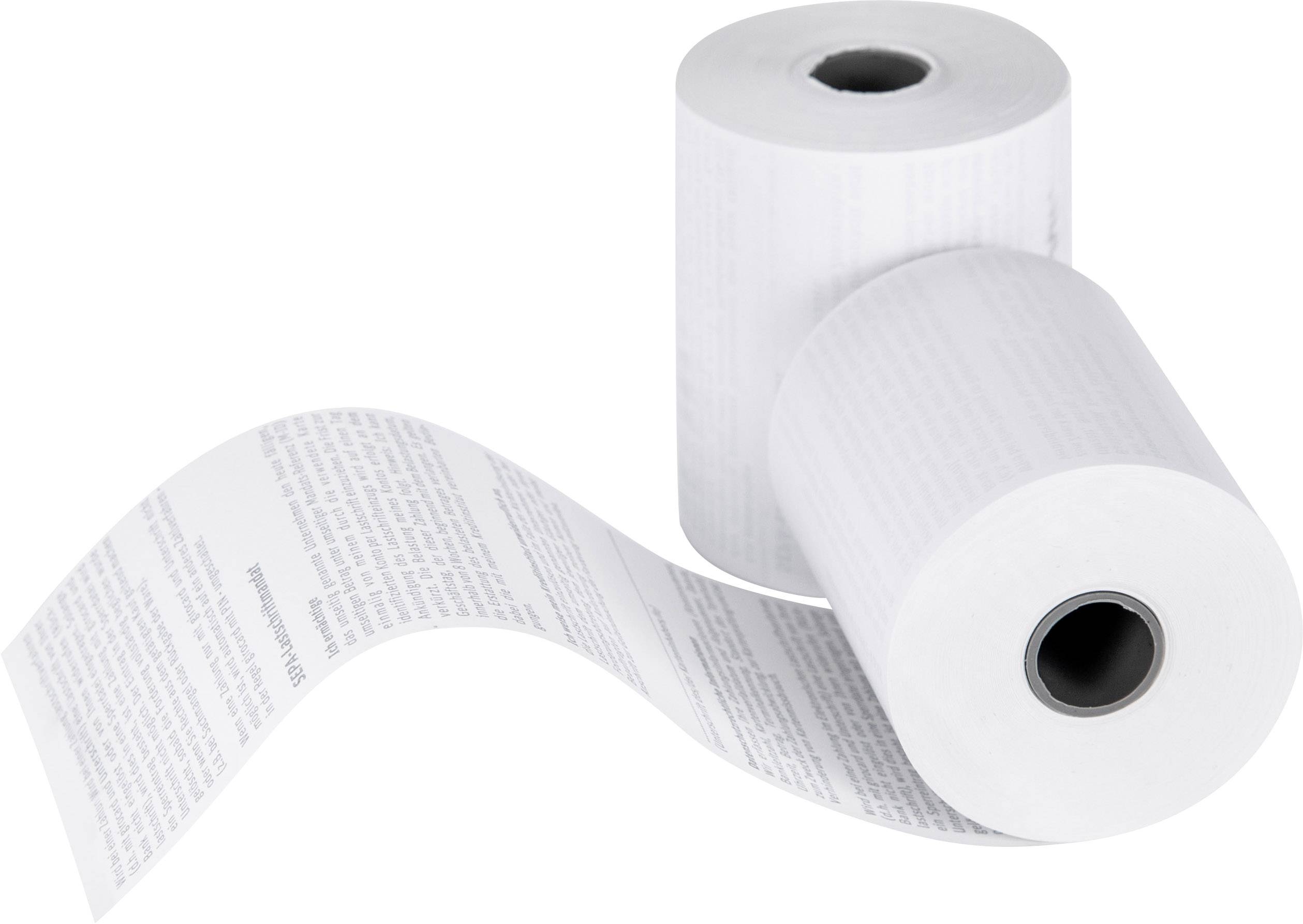 Two rolls of thermal paper, one standing and one lying down. A piece of paper unfolds from the lying roll.