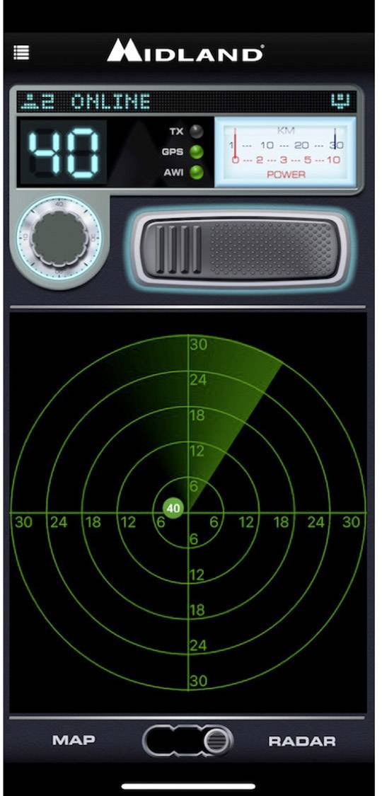 Digital display interface of a radio device, showing online connection, signal strength and radar diagram for range detection.
