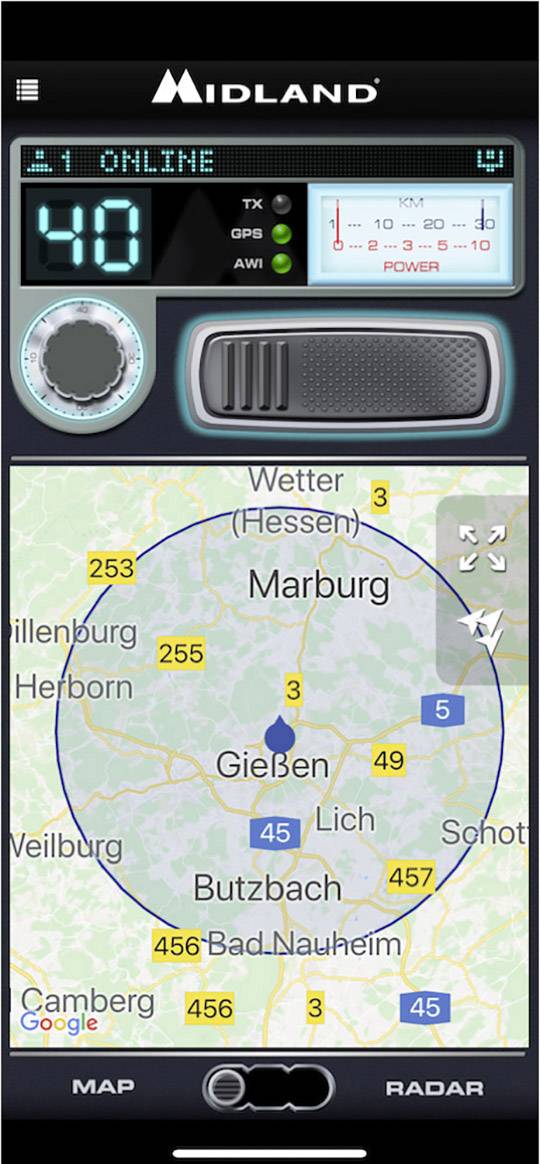 Radio device display showing a map of Marburg, highlighting cities and numbers such as '456' near Bad Nauheim, displaying location information.