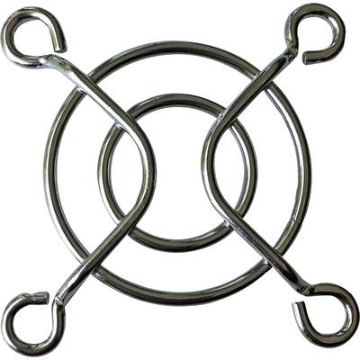 A silver, circular metal ventilation grille with crossing struts, designed to protect against fan blades.