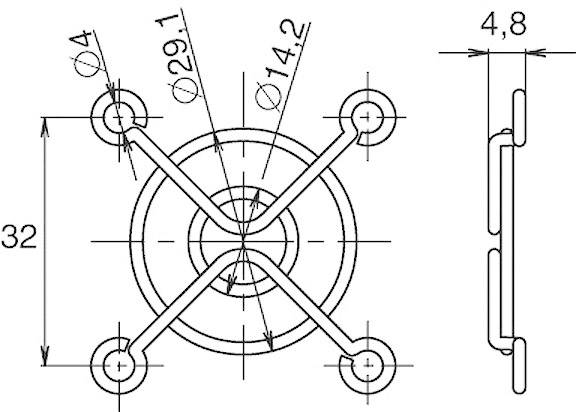 Technical drawing of a round component with dimensions: diameter 29.1, small circles 14.2, height 4.8, width 32.
