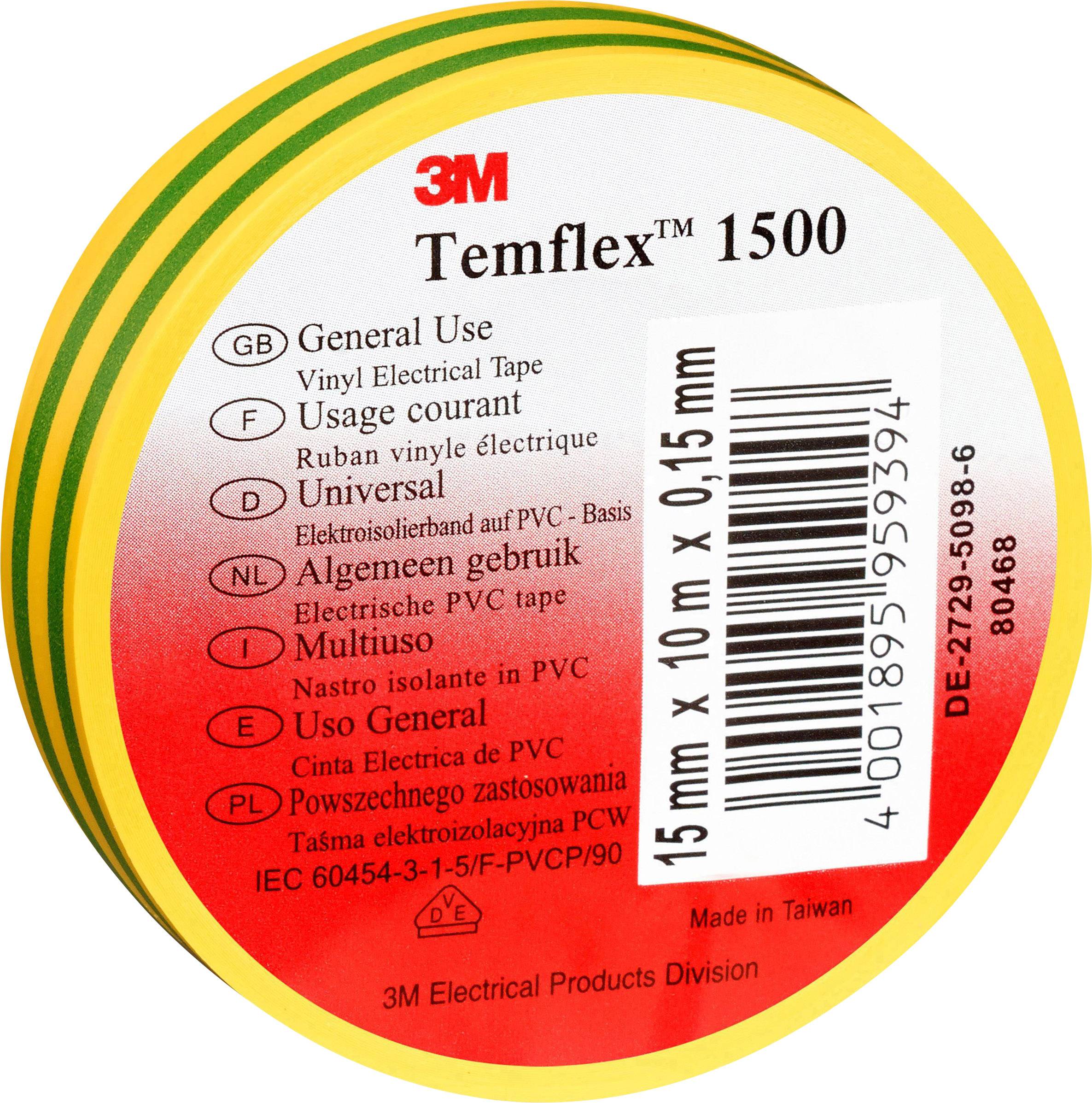 3M TEMFLEX150019X25GY Electrical tape Temflex 1500 Green, Yellow (L x W) 25 m x 19 mm 1 pc(s)-1