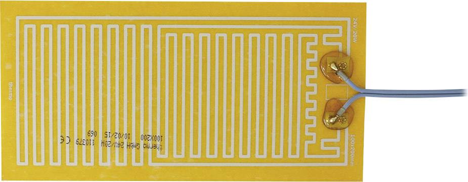 A rectangular, yellow electric heating pad with white heating wires and two blue connecting cables, designed for heating purposes.