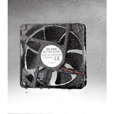 A black fan covered with moisture, with the inscription 'DC FAN DC 12V 0.37A' on the front, against a grey background.