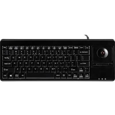 A black computer keyboard with an integrated trackball in the top right, QWERTZ layout.
