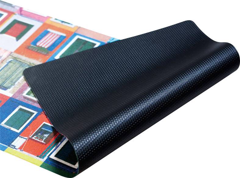 Notebook with a colourful, artistic city motif and a black, textured back cover.