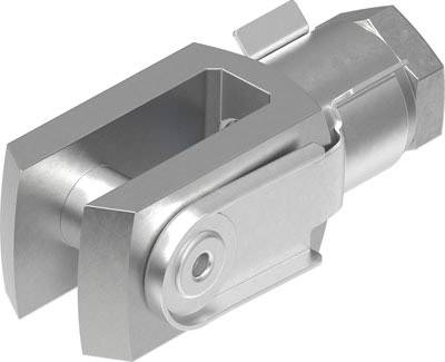 Metallic joint component with cylindrical and rectangular elements, used for connecting mechanical parts.