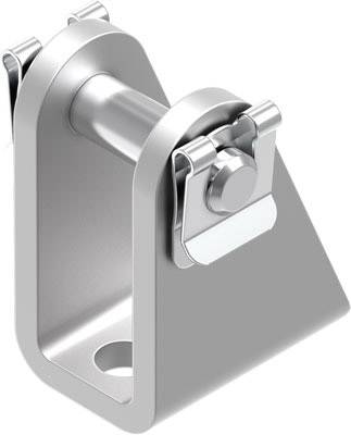 Silver metal element with a wedge-shaped base and cylindrical bolt, secured with two side clamps.