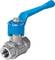 Metal ball valve with blue lever, suitable for controlling liquid flow in pipe systems.