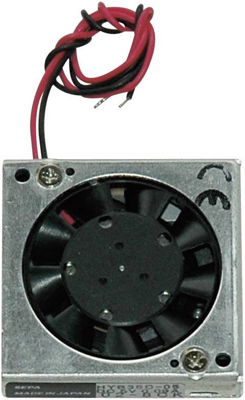 A square small fan with black blades in a silver casing, wired with red and black cables.