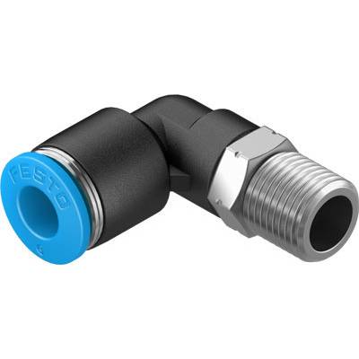 Metal angle connectors with blue plastic cap, suitable for pneumatic systems.