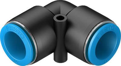 A black plastic T-piece with blue seals at the ends for connecting hoses or pipes.