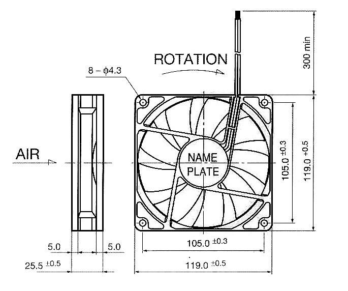 Technical drawing of a fan with detailed dimensions and labels 'Rotation' and 'Air'. Connections and screw holes marked.