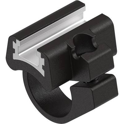 A black bicycle lamp mount with a circular clamp and rail for attachment to a handlebar or frame.