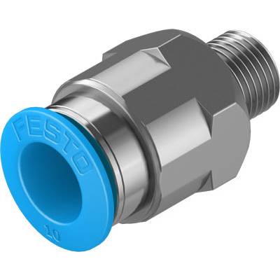 'Metallic push-fit connector with blue cap and thread, marked with Festo 10.'