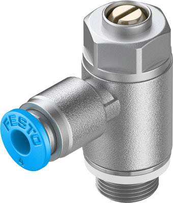 Metallic pneumatic pressure control valve with blue connection, Festo brand. Controls air pressure in systems.