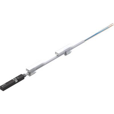 A sensor with an elongated housing and connecting cables, consisting of a black module and two white mounting brackets.