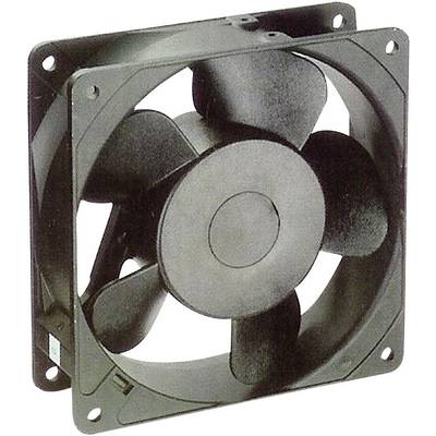 Black computer fan with four fan blades in a square frame. Designed for cooling electronic devices.