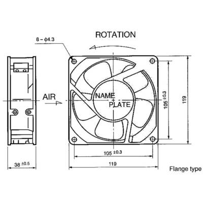Technical drawing of a fan with flange type. Labelled: 'Rotation', 'Air', 'Name Plate'. Dimensions: 119x119 mm, 105 mm bolt circle.