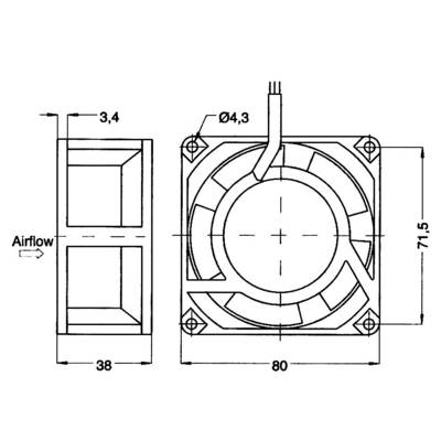 Technical drawing of a computer fan with dimensions: 71.5 mm height, 80 mm width, 38 mm depth. Airflow direction to the left.