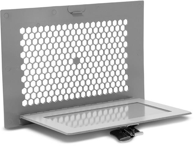 A grey ventilation grille with a hexagonal pattern and removable cover in the foreground, usable for air circulation.