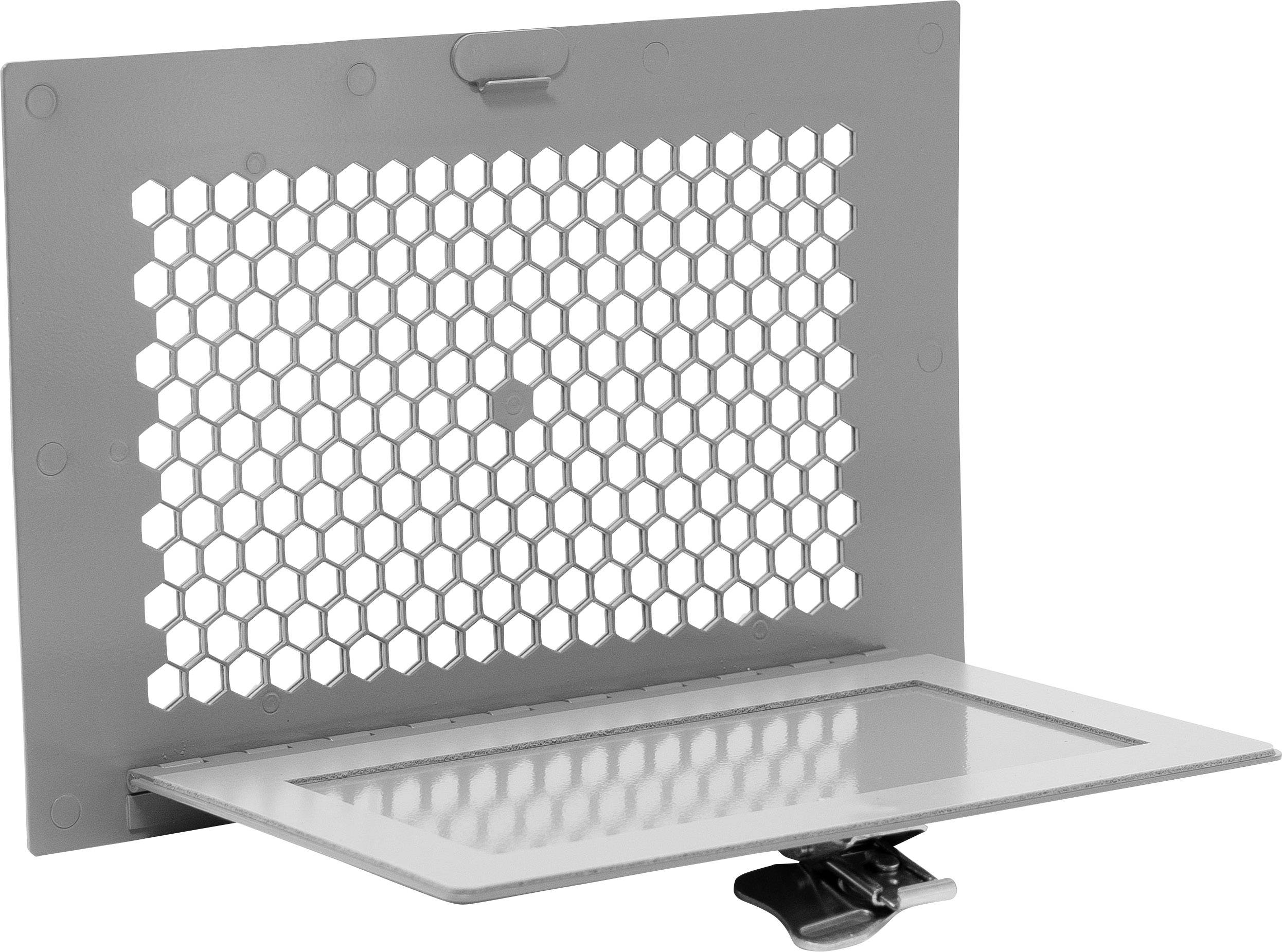 Grey plastic mesh with a honeycomb pattern and integrated mounting bracket, opened and ready to be fixed to a surface.