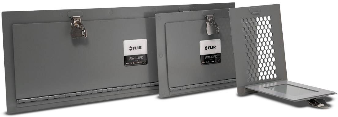 Grey metal plates with lockable locks and a transparent insert, used for infrared inspections. Brand names visible.