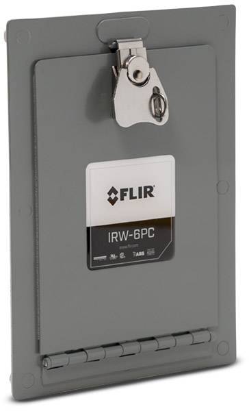 Grey FLIR infrared window with hinge and security lock, model designation 'IRW-6PC', for safe electrical inspection.