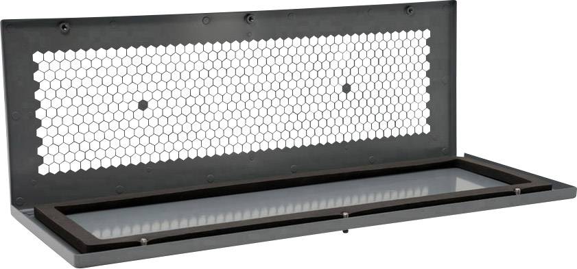 Metal plate with a hexagonal hole pattern, open at the top. Rests on a flat surface, potentially part of a ventilation system.