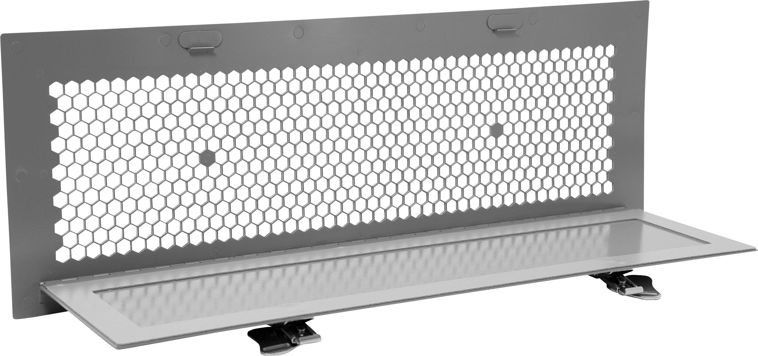 Metal plate with a hexagonal perforated pattern, folded up on one side. Held in place by two clamps.