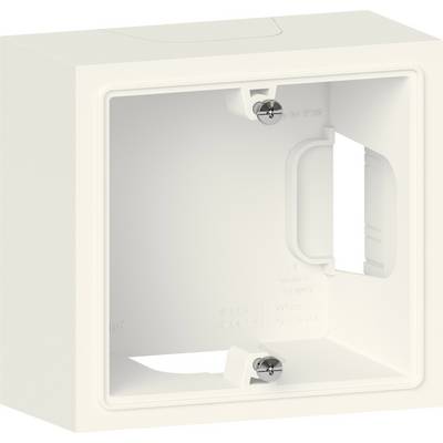 White flush-mounted electrical box with screw holes, designed for wall mounting in electrical installations.